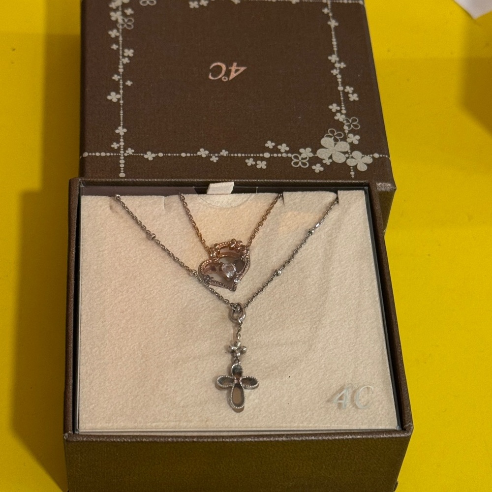 Folli Follei two necklaces Silver and Gold Cross and heart Necklace  925 silver.